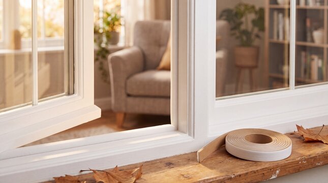 Self Adhesive Weatherstripping Tape on Wooden Windowsill Preparing Window for Winter