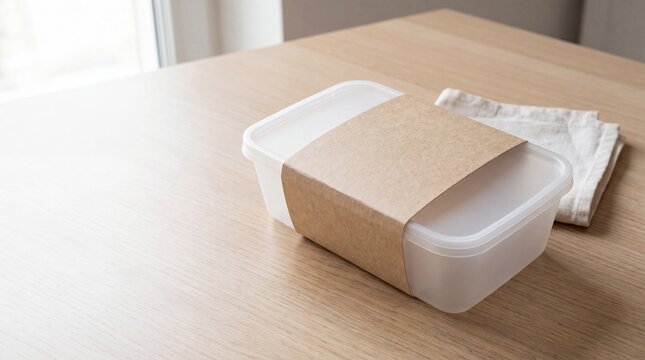 Food Container Mockup with Blank Kraft Paper Sleeve on Wooden Table