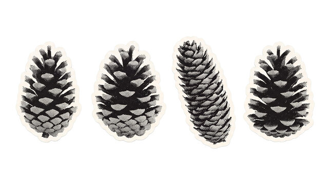 pine cone retro halftone set , clean white border outline PNG