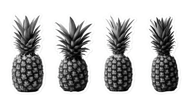 pineapple retro halftone set , clean white border outline PNG