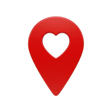 Red map location pin icon with a heart shape cutout symbol