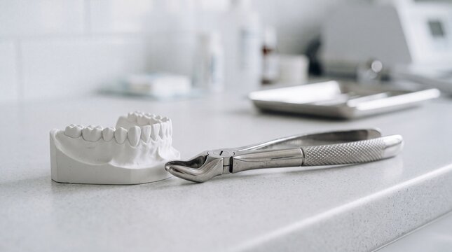 A plaster dental model of teeth resting beside metal extraction forceps on a white surface with silver surgical forceps forceps clean medical