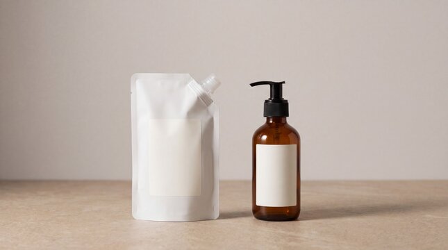 Cosmetic Amber Glass Pump Bottle and White Spout Refill Pouch Mockup on Neutral Background