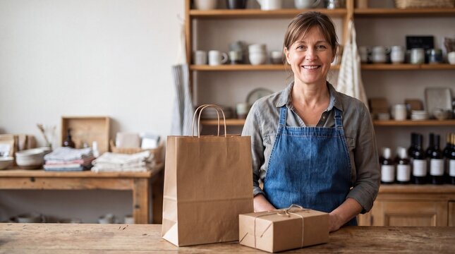 Smiling Small Business Owner Behind Counter with Packaged Orders in Boutique