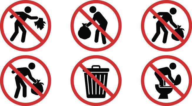 Prohibition icon set demonstrating littering and disposal