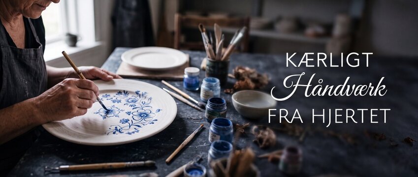 Senior artist painting ceramic plate with blue floral pattern in artisan craft pottery studio workshop for authentic traditional handmade porcelain craft banner design background art presentation