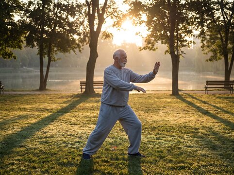 Older Man Practicing Tai Chi In Park At Sunrise
