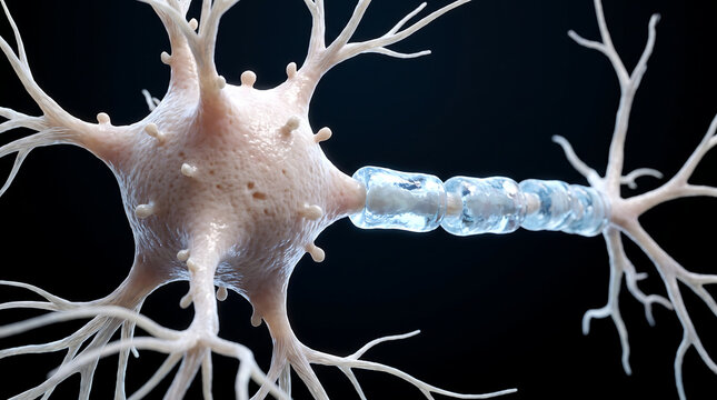 A scientific rendering of a nerve cell showing dendrites and axon structure for medical education.