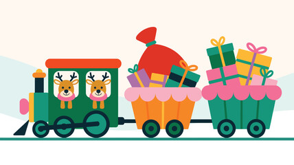 Fototapeta premium Cute christmas train loaded with gifts and reindeer, driven by happy animals, vector illustration