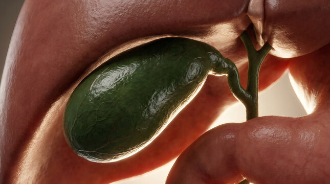 Anatomical 3D rendering of human gallbladder and surrounding liver tissue