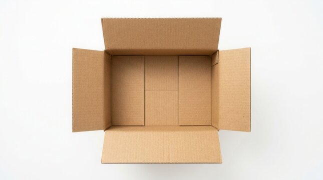 Top view of an empty brown cardboard box on a white background