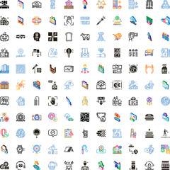 Fototapeta premium Collection of diverse business, communication, food, and technology icons in flat style and isometric views, perfect for web, application, and infographic design