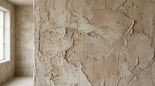 Detailed view of a textured plaster wall with natural earthy colors for interior design backgrounds and Earth Day.