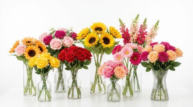 Varied colorful fake flowers displayed in decorative glass vases on a pure white backdrop featuring different floral types and a joyful home environment