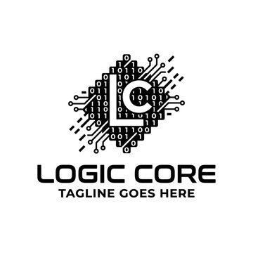 Binary code and circuit letter logo.