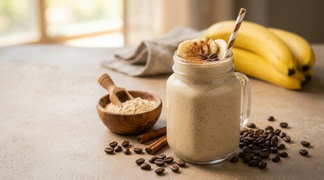 Creamy espresso maca banana smoothie in a glass jar surrounded by coffee beans on a smooth background with copy space