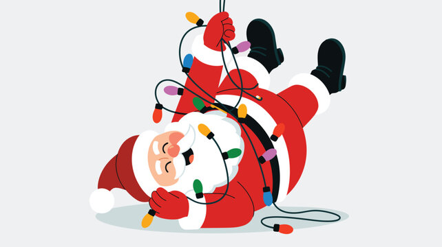 Funny santa claus tangled in christmas lights, lying on the floor