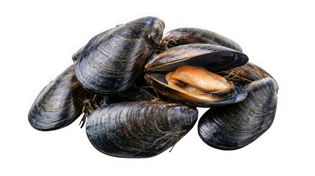 Fresh raw mussels isolated on transparent background