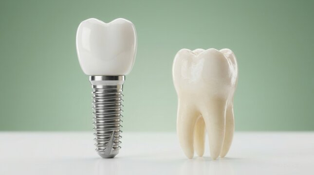 Medical illustration of a dental implant and human tooth on a smooth green background.