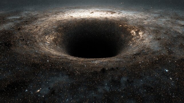 An immense black void at the heart of a vast cosmic space, shimmering stars surrounding the darkness, creating a mesmerizing contrast between the void and the sparkling galaxy, evoking a sense of wond