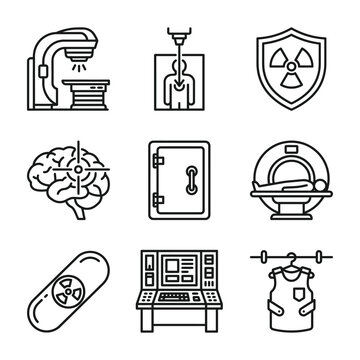Medical radiation therapy and diagnostic imaging technology thin line icons with diagnostic equipmen