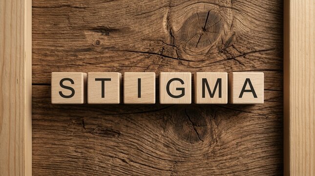 Wooden blocks spelling the word stigma placed creatively on a rustic wooden background with shapes.