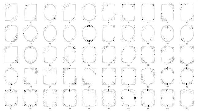Set of mystical celestial frames with moons stars and floral accents moon border starry border boho border astronomy design