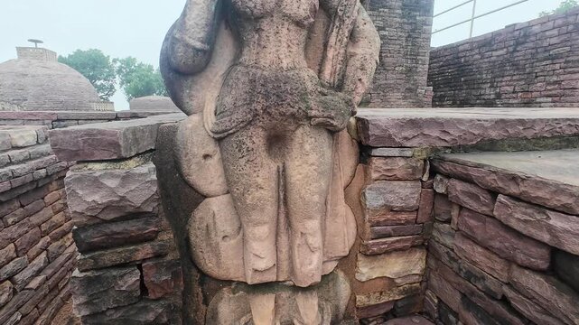 Ancient Stone Naga Statue with Multi Hooded Serpent Canopy at Sanchi Archaeological Site