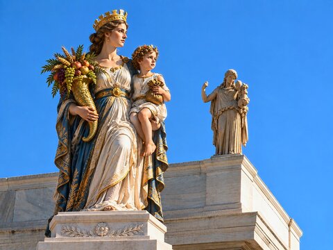Tyche the ancient Greek deity of fortune, chance, luck and destiny, holding the child Plutos, the deity of Wealth, next to their statue on the roof of the Athens Archaeological museum