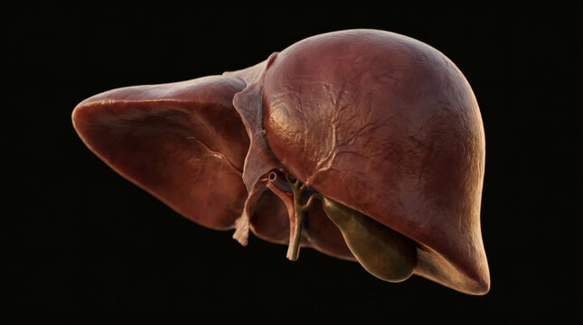 Detailed 3D rendering of human liver anatomy against a dark background