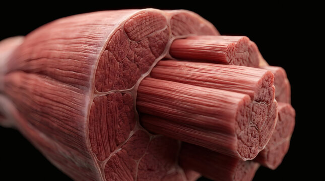 Detailed 3D rendering of human skeletal muscle anatomy showing fiber structure