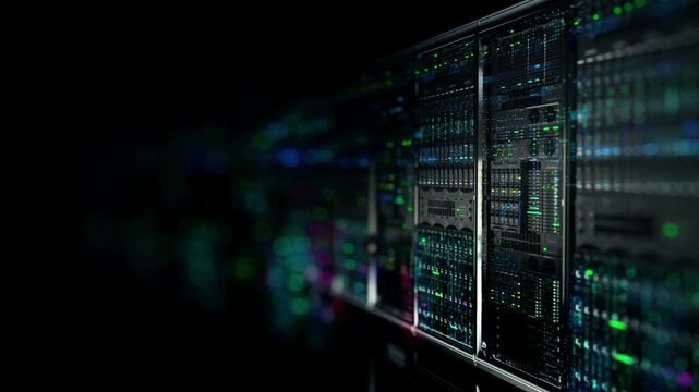 Data center server room racks with flashing green led lights, slow camera forward movement into dark futuristic mainframe supercomputer loop animation for cloud computing cyber security infrastructure