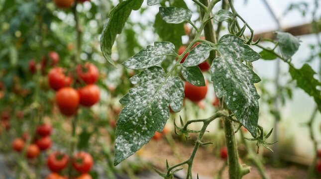 An intriguing encounter showing powdery mildew infection on healthy tomato plant leaves