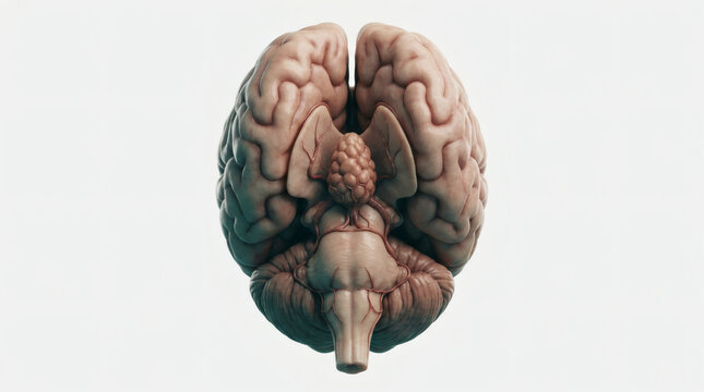 Detailed anatomical human brain model viewed from below showing lobes and stem