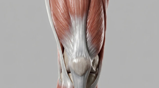 Detailed anatomical knee joint with muscles and tendons on grey background
