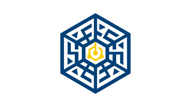 Abstract geometric maze logo with hexagonal design in blue and yellow