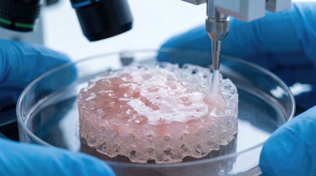 Bioprinting nozzle extruding pink cellular hydrogel onto structural scaffold, advanced biomedical engineering research laboratory, fabricating artificial human skin tissue organ transplant.