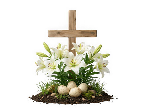 Wooden cross with white lilies and speckled eggs on soil isolated on transparent background