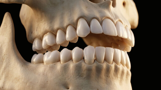 Detailed close up view of human skull jawbone showing healthy white teeth