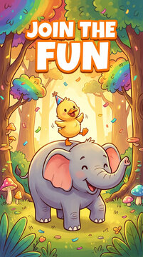 Cute Cartoon Elephant and Duckling in Enchanted Forest
