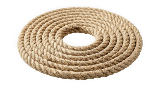 Coiled natural jute rope forming a circle isolated on transparent background