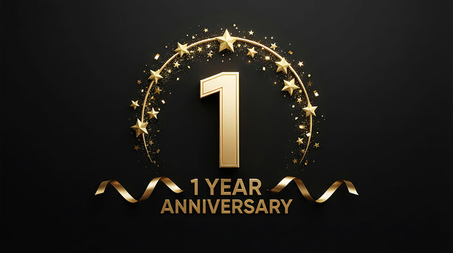 Elegant golden one year anniversary celebration logo with sparkling stars and ribbons on black background