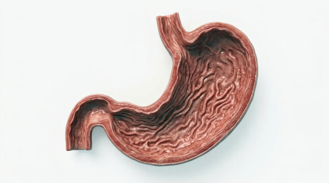 Detailed cross section of human stomach showing internal lining and rugae