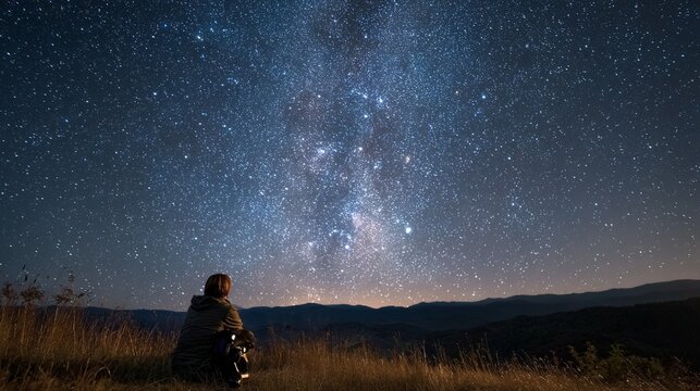 A serene stargazer contemplatively seated on a hillside at night, observing a magnificent star-filled sky, surrounded by the tranquil beauty of nature and distant mountain silhouettes, evoking a sense