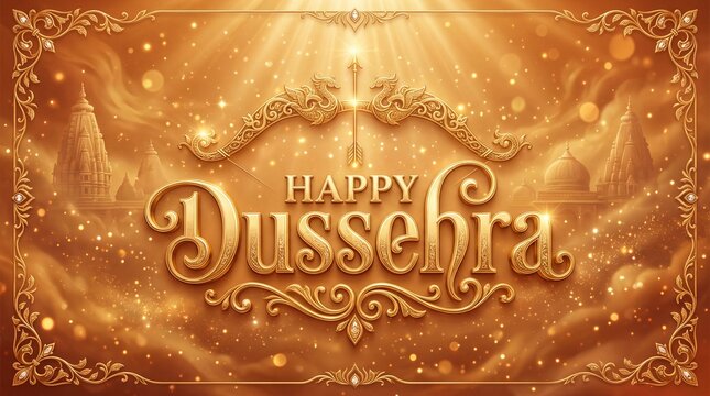 Happy Dussehra Golden Calligraphy with Bow and Arrow, Festive Orange Background