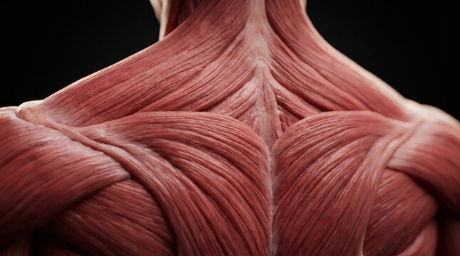 Detailed human anatomy showing neck and back muscles in red hue