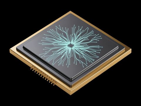 3D render of a futuristic AI microchip with glowing neural network lines