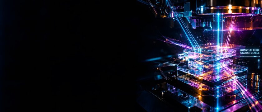 Macro close up of futuristic multi-layered quantum processor core activated by glowing neon blue and purple laser beams, premium supercomputer hardware and artificial intelligence technology banner