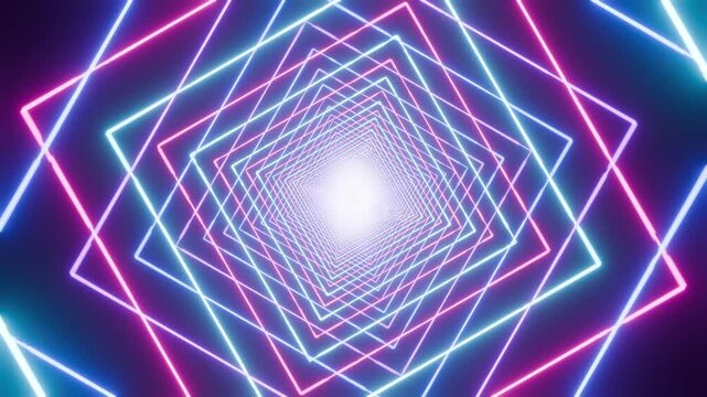 Neon Square Loop Tunnel with Glowing Cyan Pink and Blue Geometric Lines Forming Futuristic Abstract Perspective, Luminous Central Light, Vivid Optical Illusion, and Colorful Digital Design Pattern