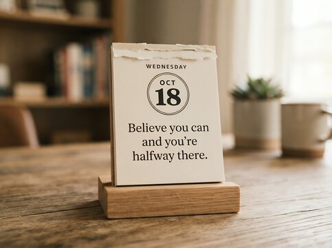 Inspirational Quote on a Desk Calendar on a Wooden Table.